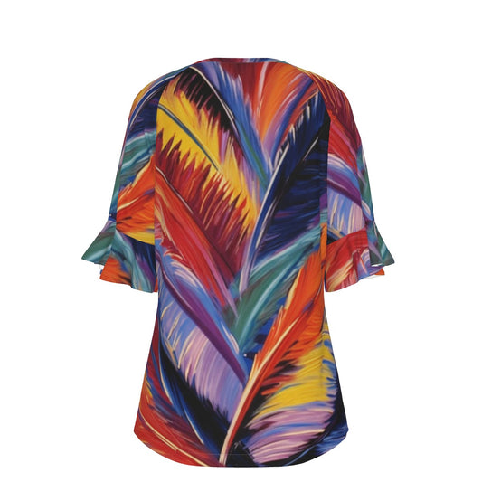 All-Over Print V-neck Women's T-shirt With Bell Sleeve