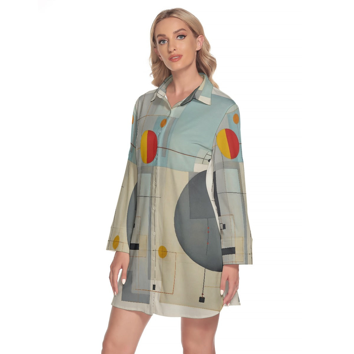 All-Over Print Women's Lapel Shirt Dress With Long Sleeve