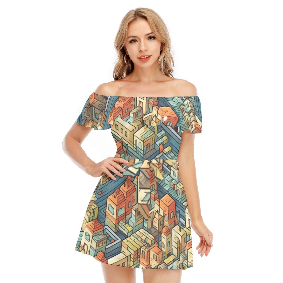 All-Over Print Women's Off-shoulder Dress With Ruffle