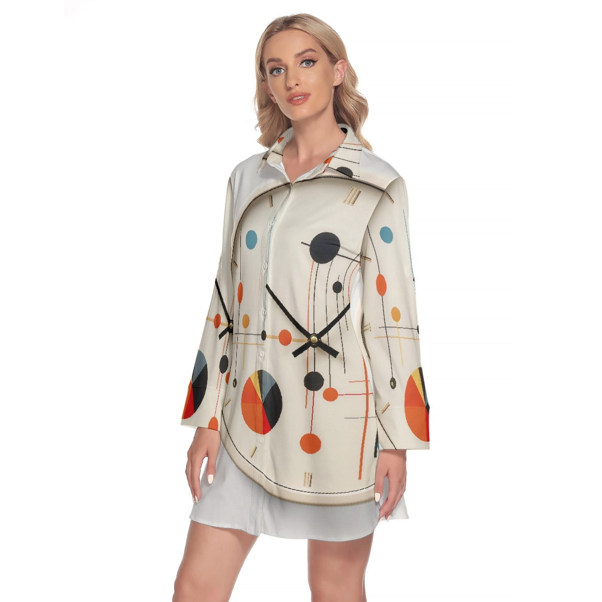 All-Over Print Women's Lapel Shirt Dress With Long Sleeve