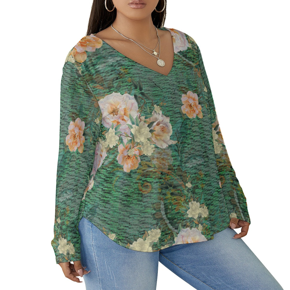 All-Over Print Women's V-neck T-shirt With Curved Hem(Plus Size)