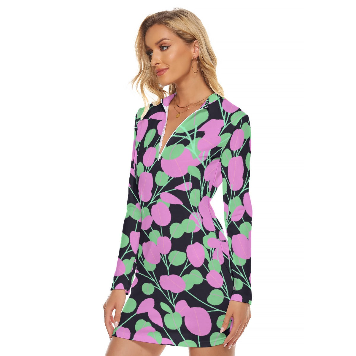 All-Over Print Women's Zip Front Tight Dress