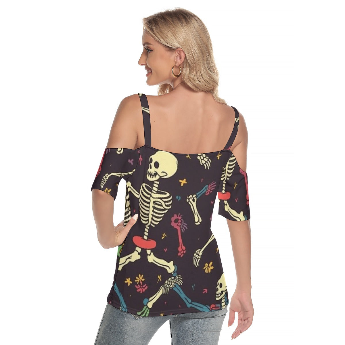 All-Over Print Women's Cold Shoulder T-shirt With Criss Cross Strips