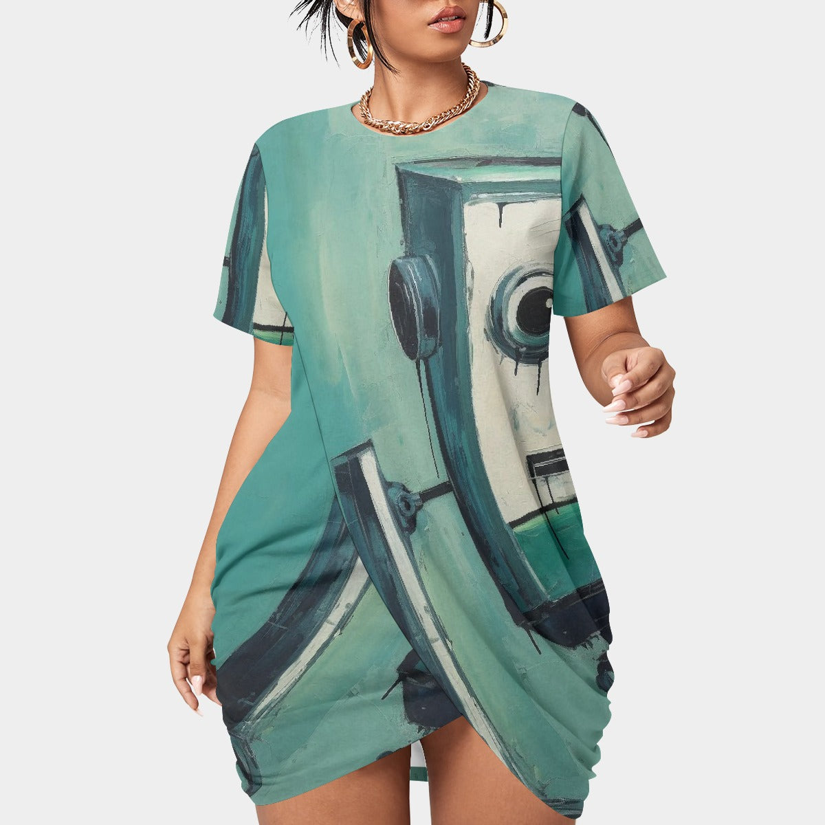 All-Over Print Women’s Stacked Hem Dress With Short Sleeve（Plus Size）