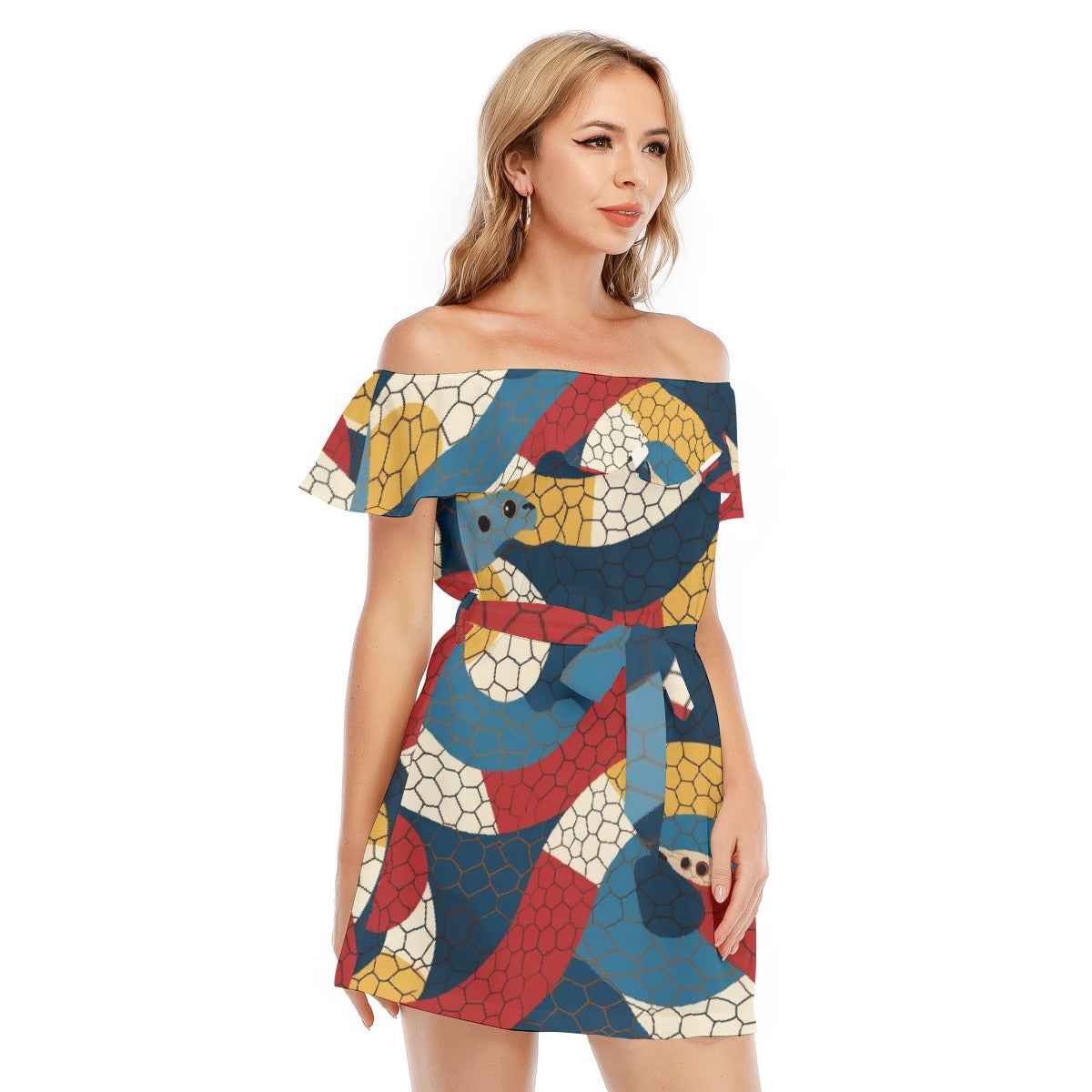 All-Over Print Women's Off-shoulder Dress With Ruffle