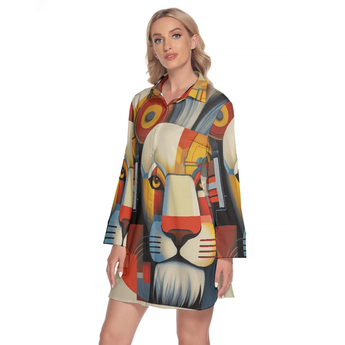 All-Over Print Women's Lapel Shirt Dress With Long Sleeve