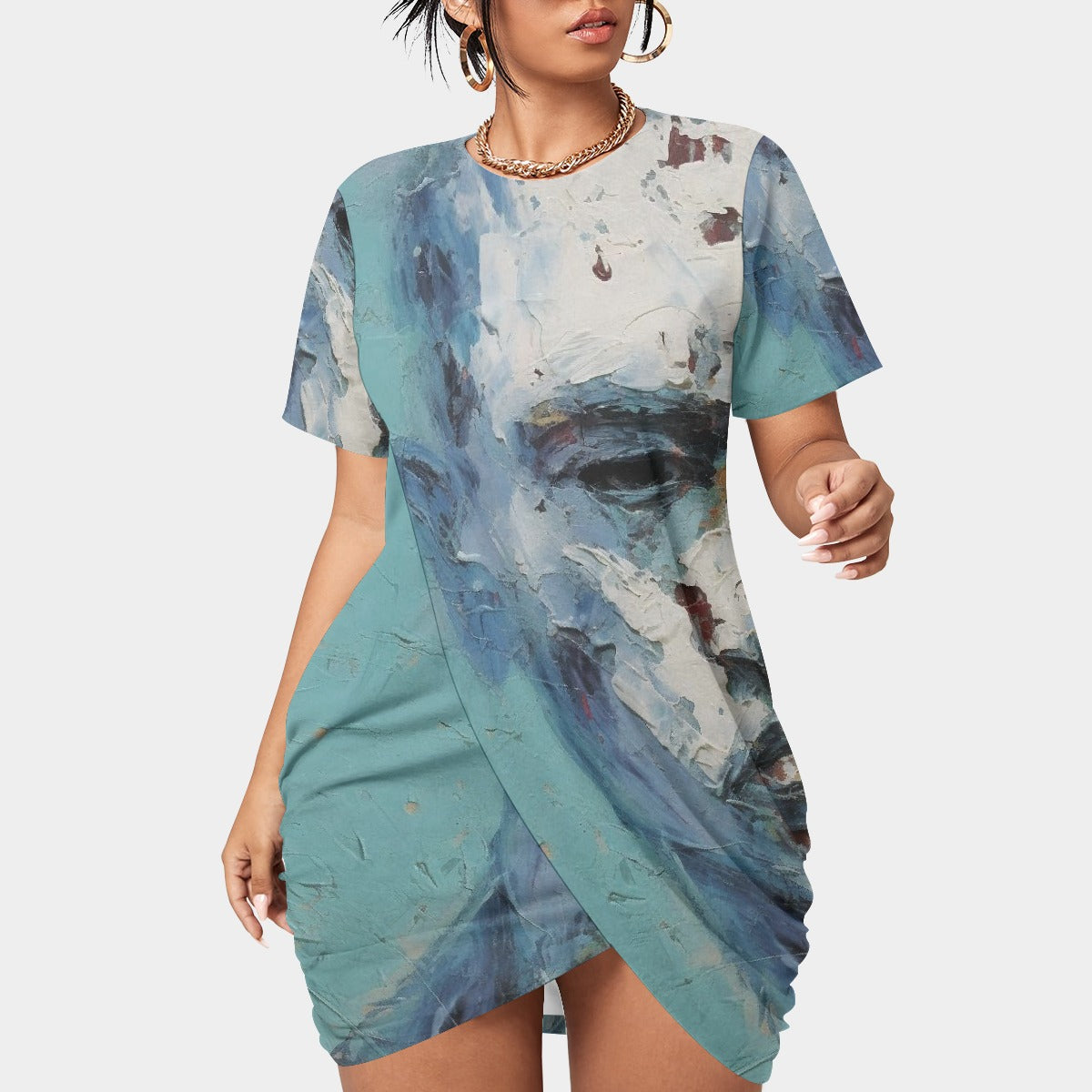 All-Over Print Women’s Stacked Hem Dress With Short Sleeve（Plus Size）