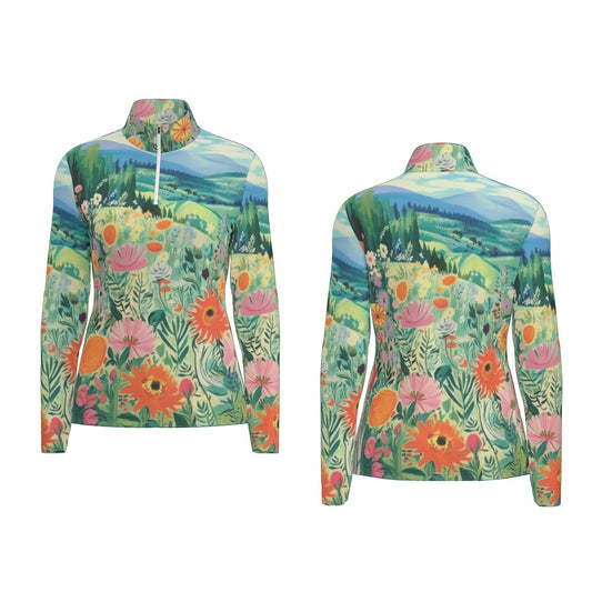 All-Over Print Women's Sports Collar Jersey With Long Sleeve