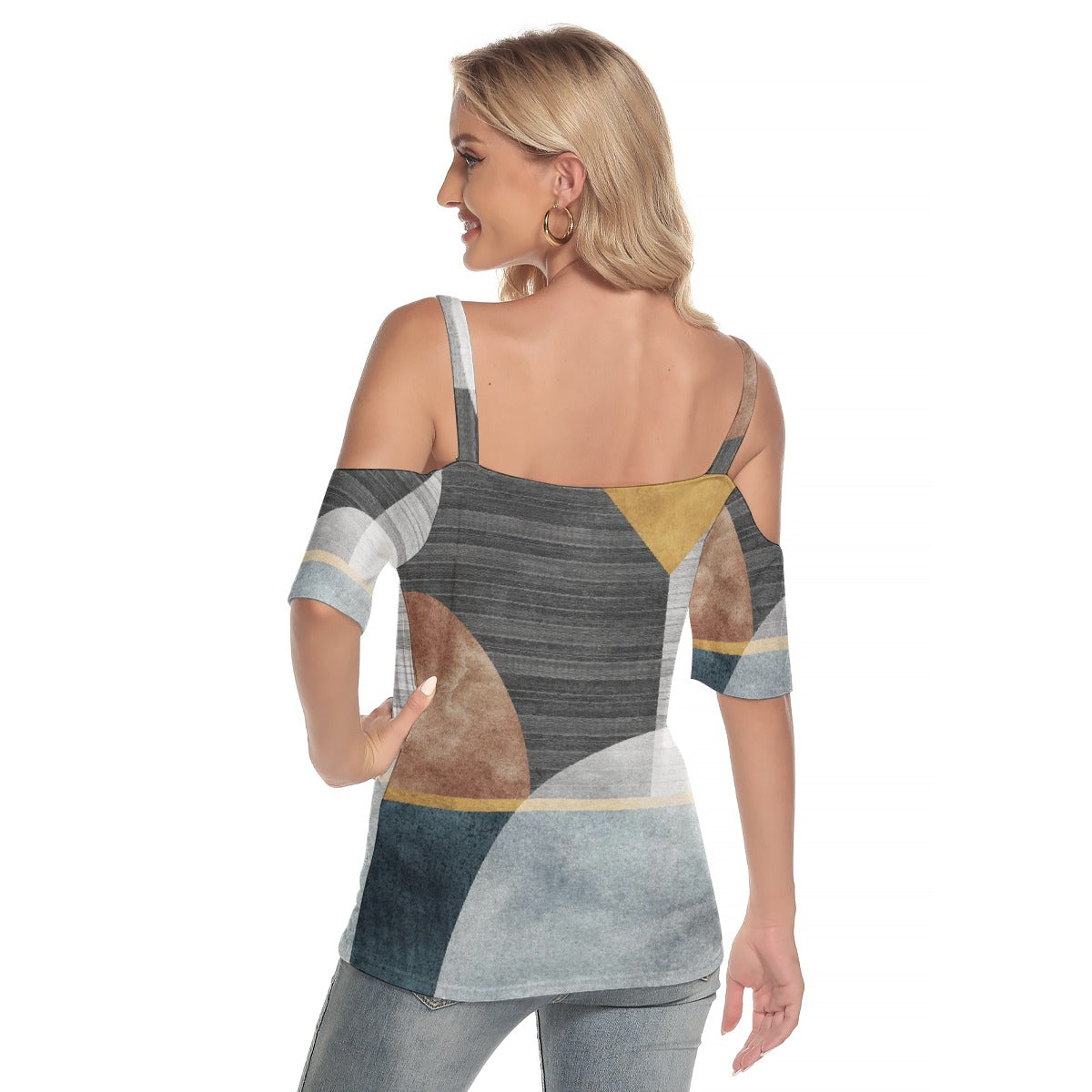 All-Over Print Women's Cold Shoulder T-shirt With Criss Cross Strips