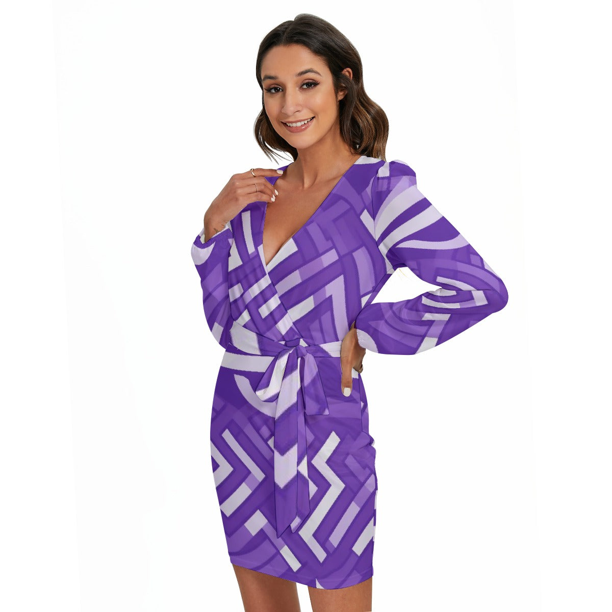 All-Over Print Women's Long Sleeve Dress With Waist Belt