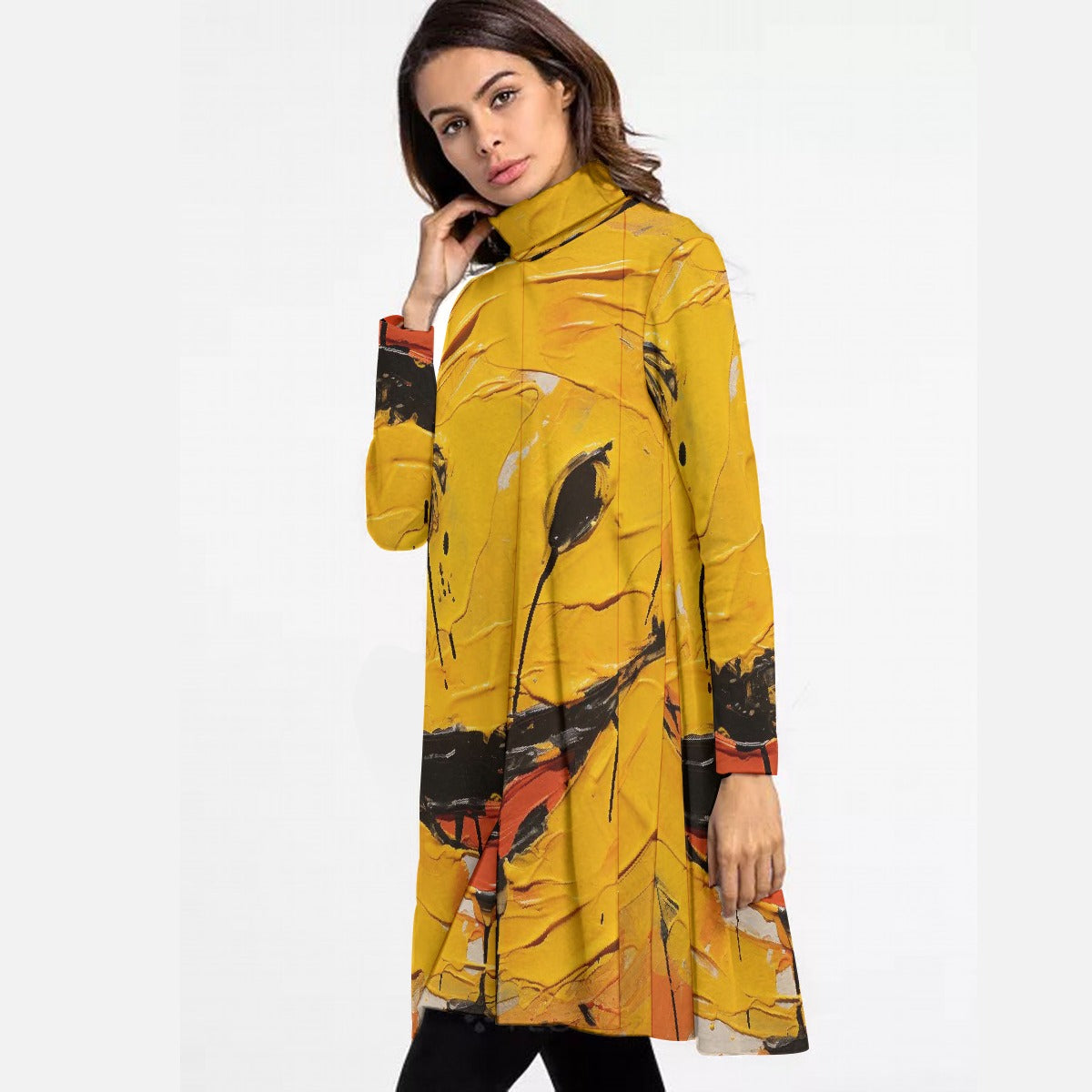 All-Over Print Women's High Neck Dress With Long Sleeve