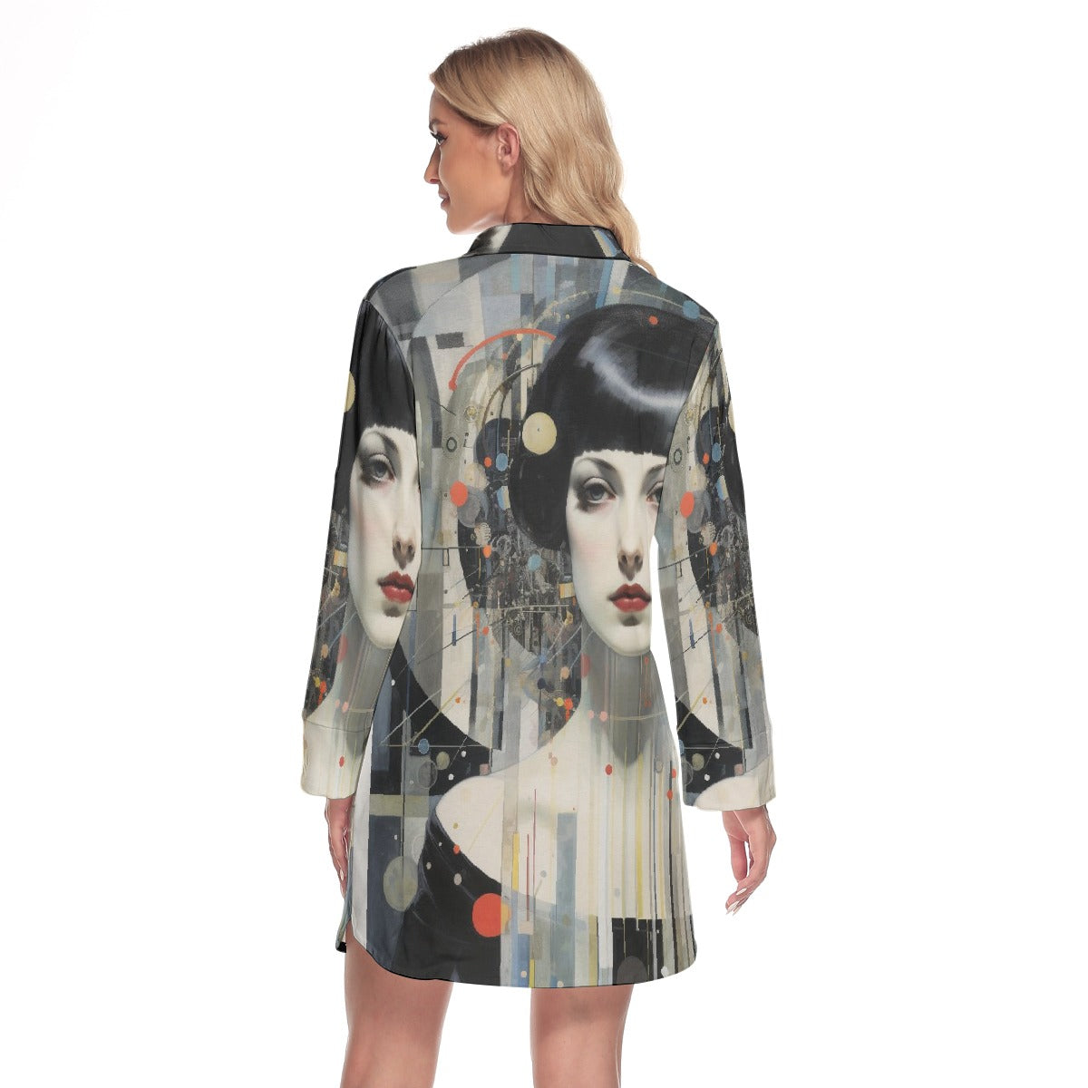 All-Over Print Women's Lapel Shirt Dress With Long Sleeve