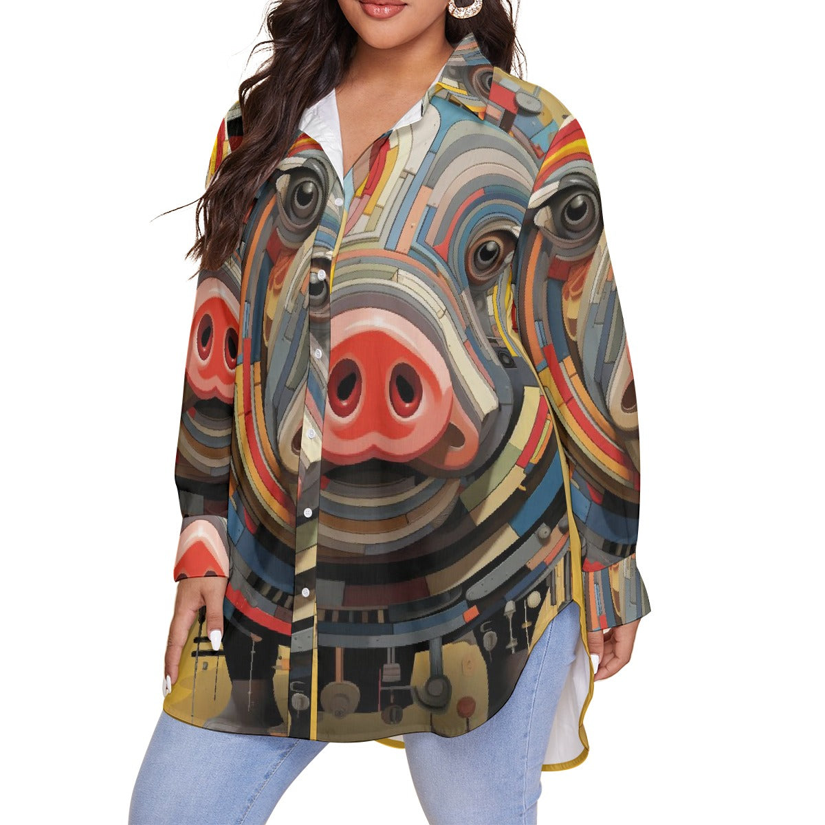 All-Over Print Women's Shirt With Long Sleeve(Plus Size)