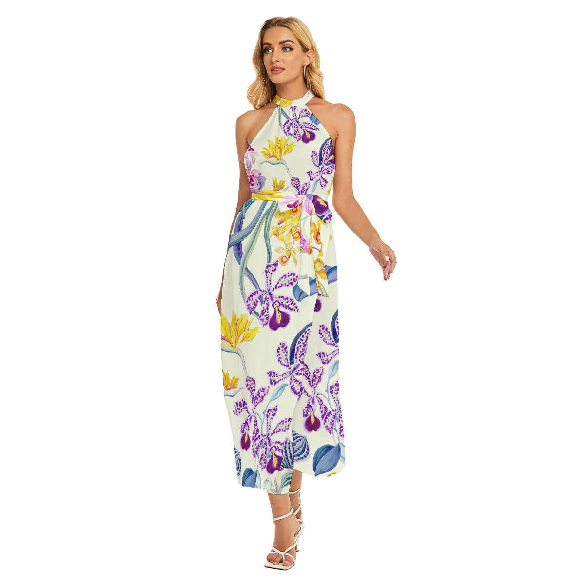 All-Over Print Women's Wrap Hem Belted Halter Dress