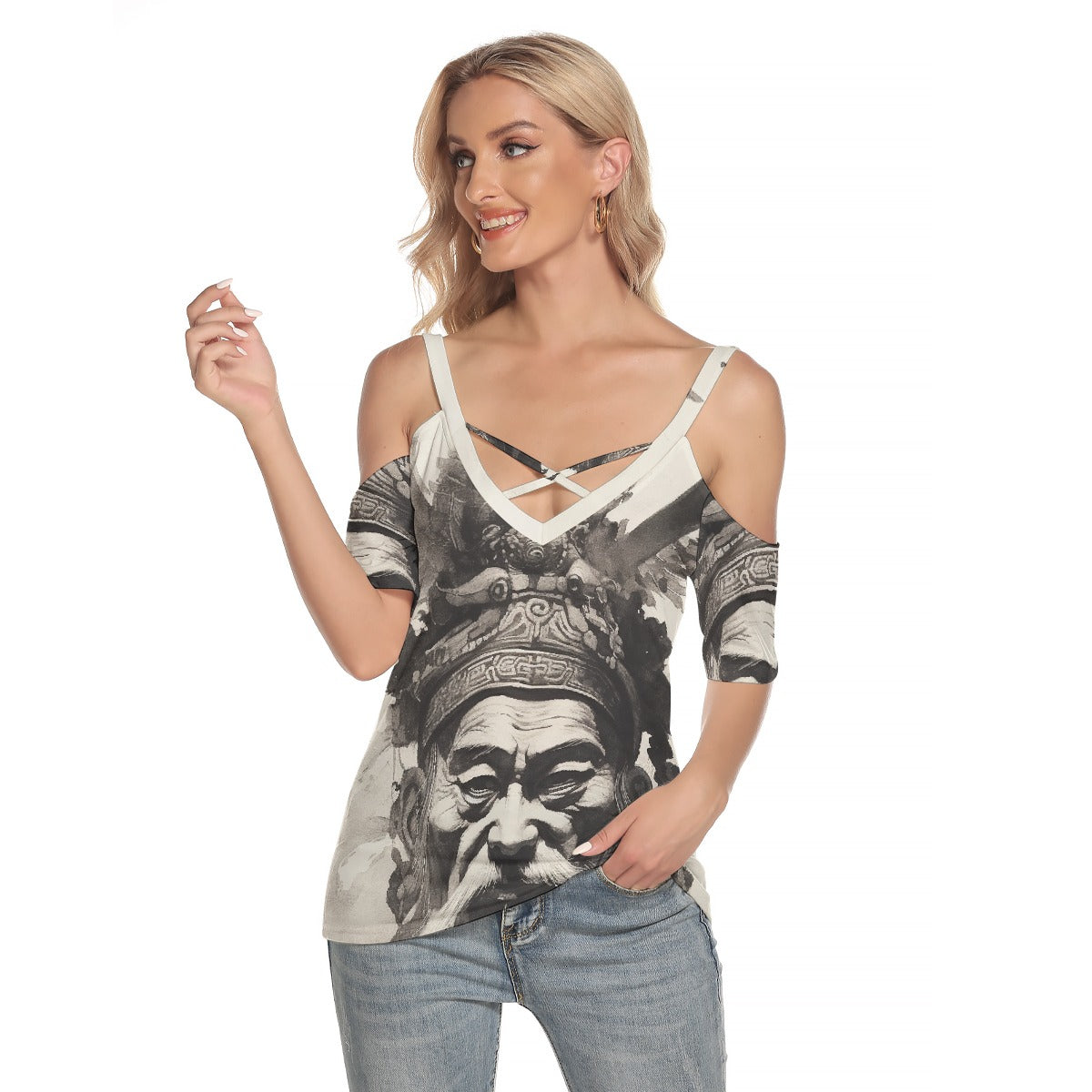 All-Over Print Women's Cold Shoulder T-shirt With Criss Cross Strips