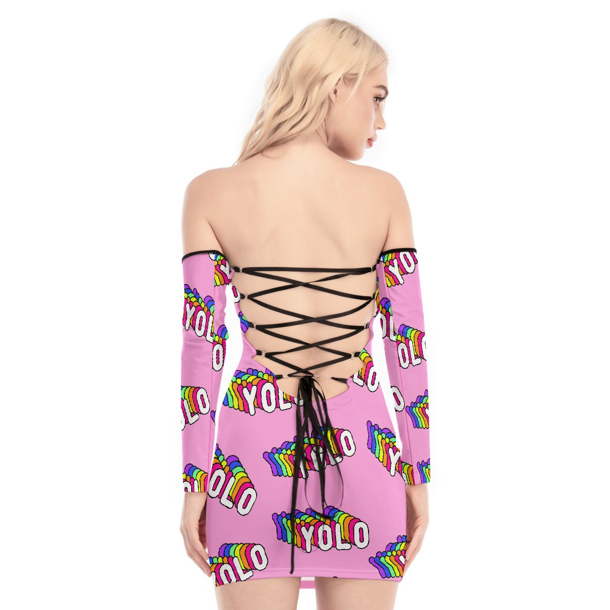 All-Over Print Women's Off-shoulder Back Lace-up Dress