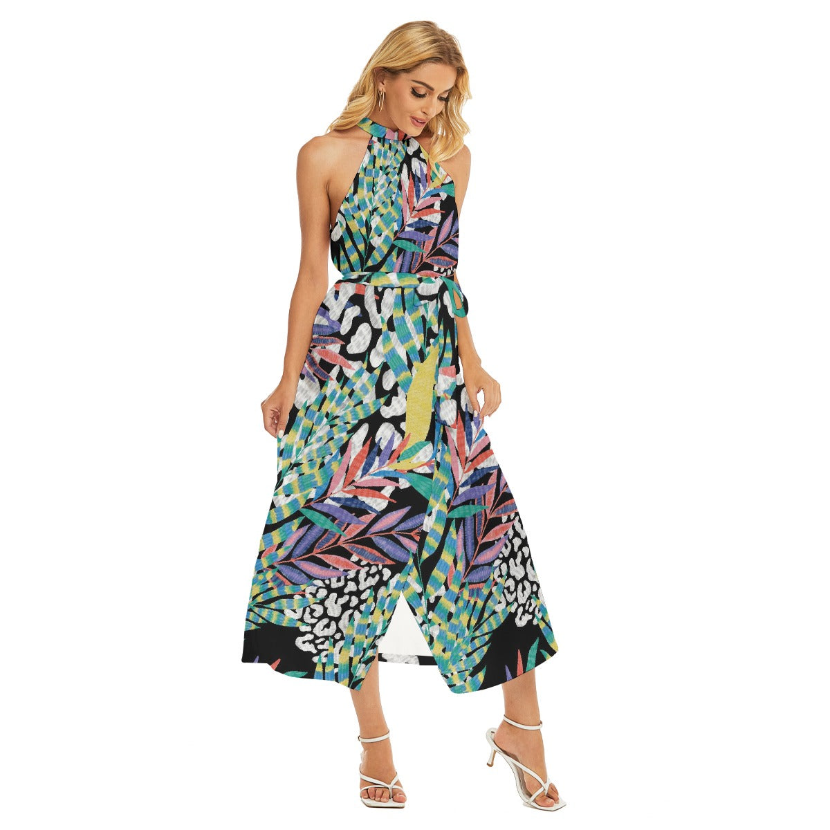 All-Over Print Women's Wrap Hem Belted Halter Dress