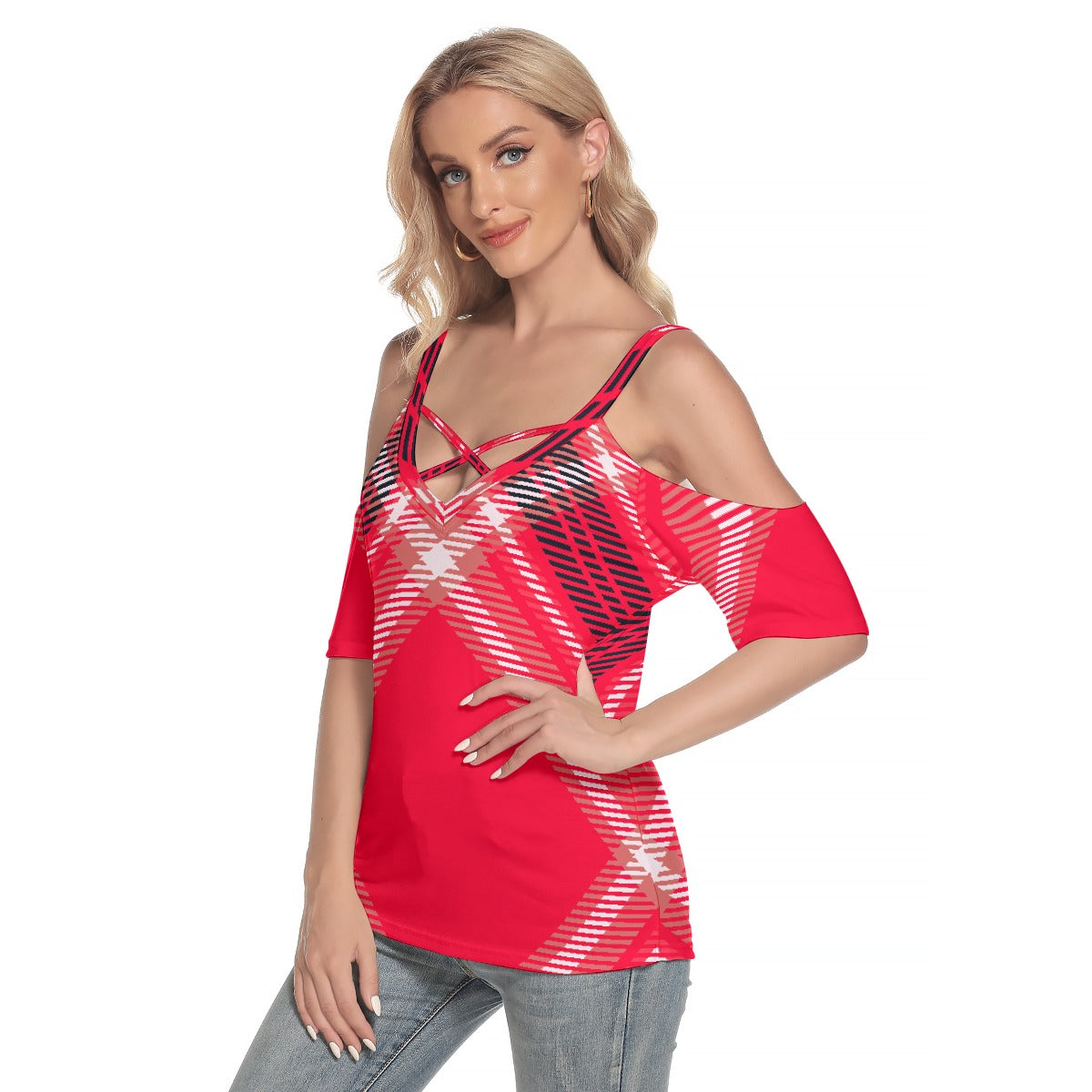 All-Over Print Women's Cold Shoulder T-shirt With Criss Cross Strips