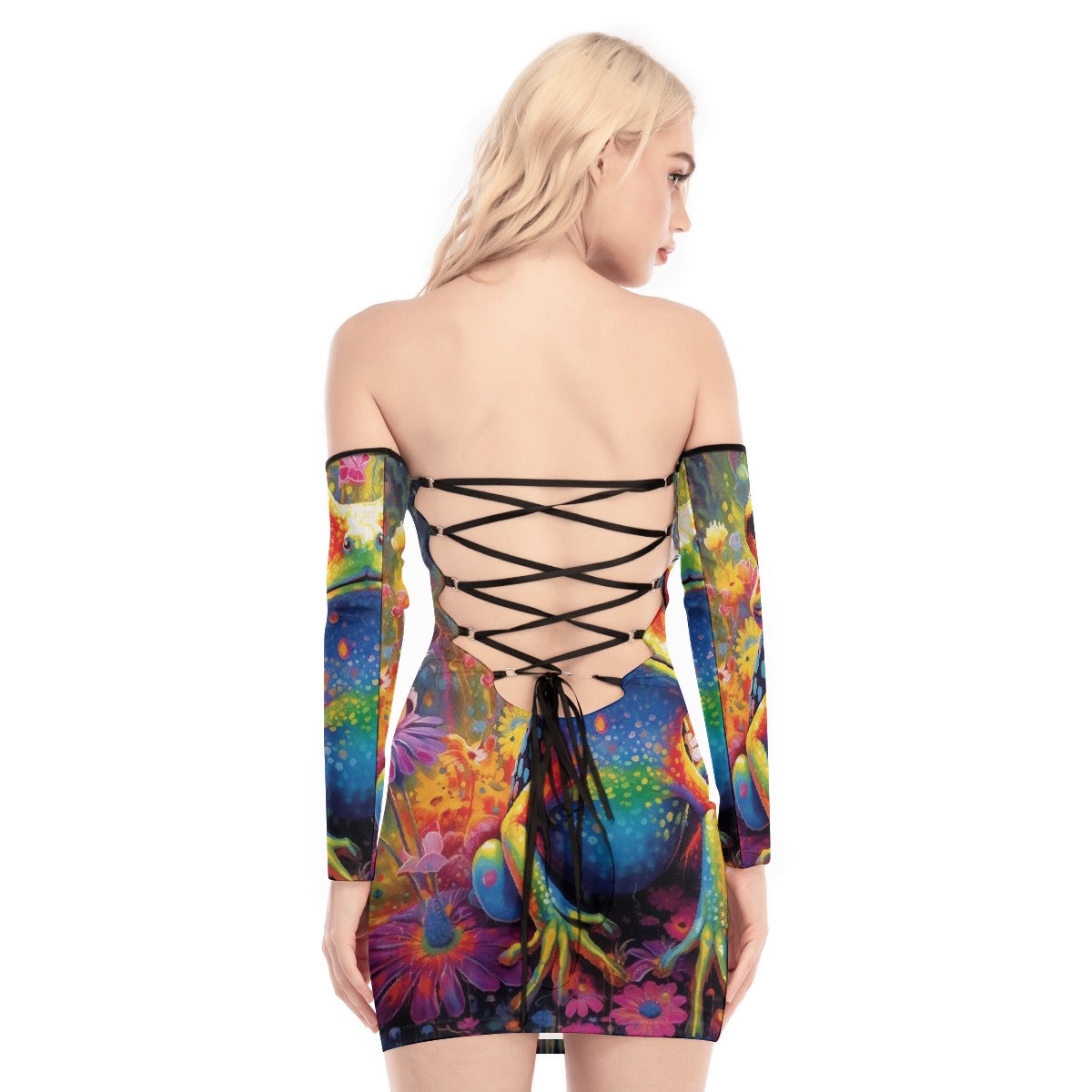 All-Over Print Women's Off-shoulder Back Lace-up Dress