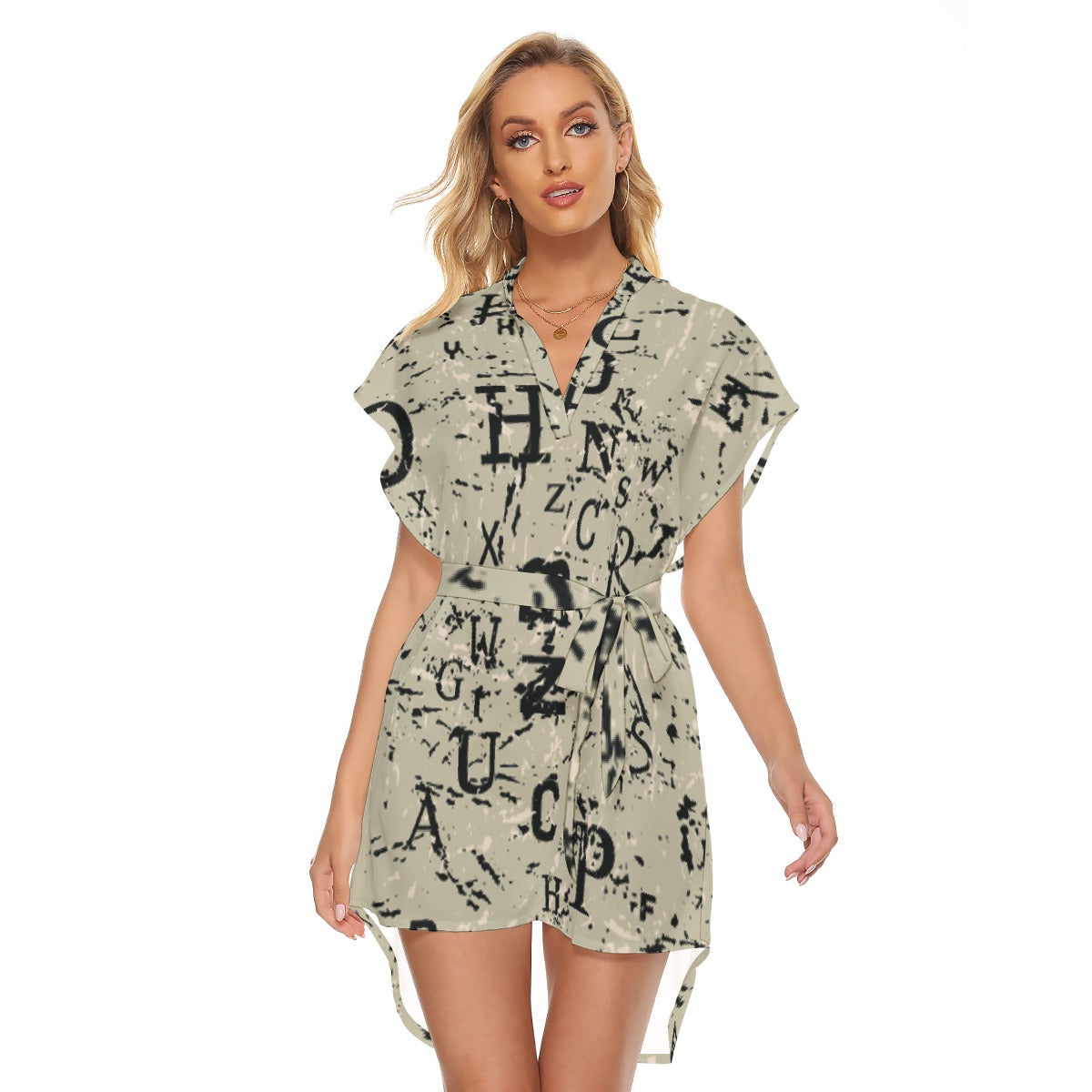 All-Over Print Women's Stand-up Collar Casual Dress With Belt