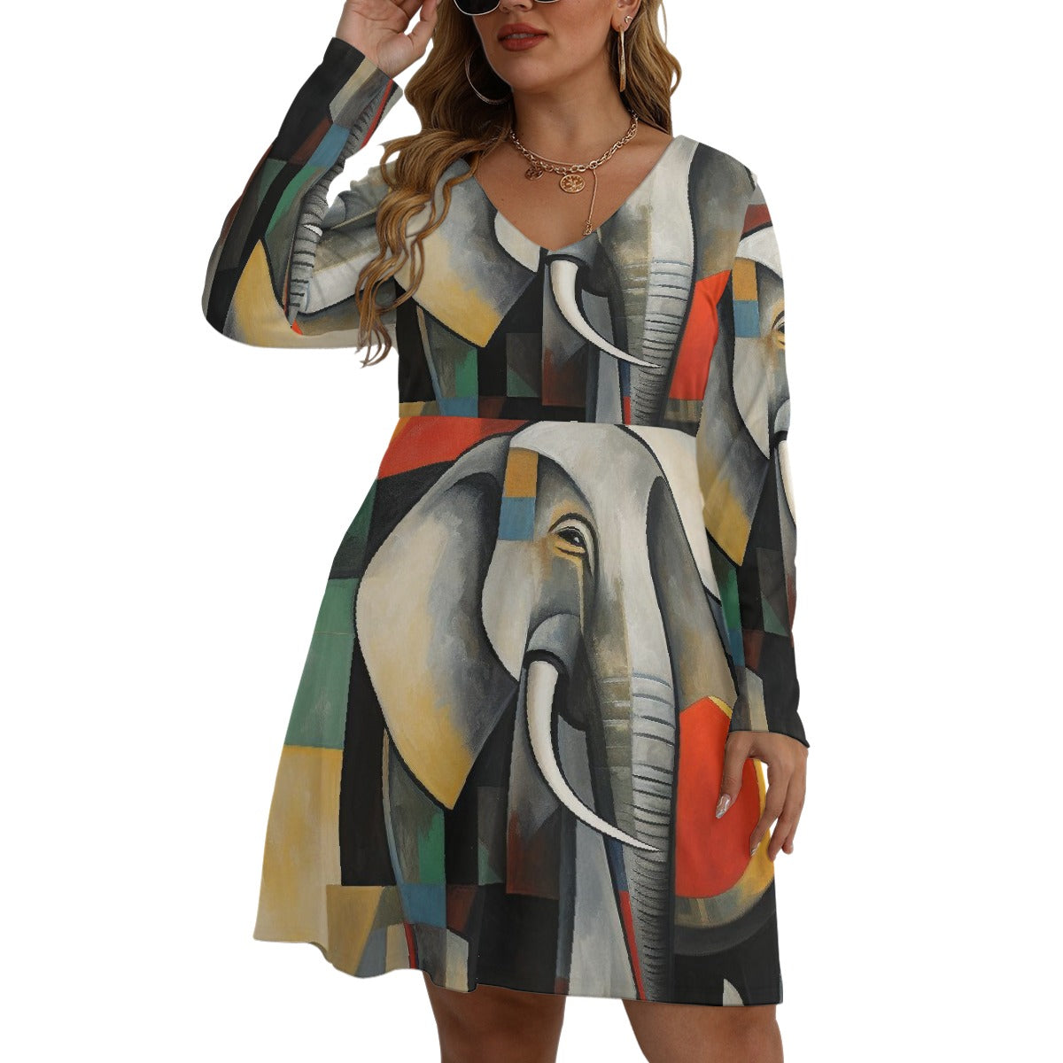 All-Over Print Women's V-neck Long Sleeve Dress(Plus Size)