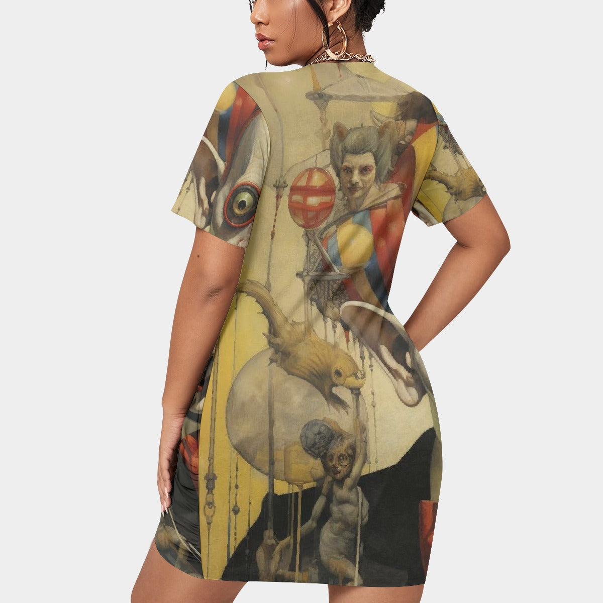 All-Over Print Women’s Stacked Hem Dress With Short Sleeve（Plus Size）