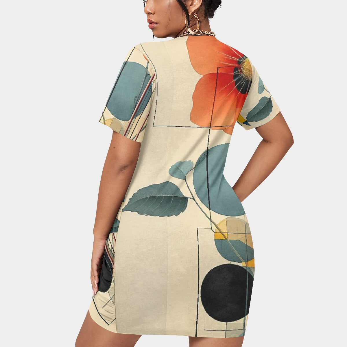 All-Over Print Women’s Stacked Hem Dress With Short Sleeve（Plus Size）