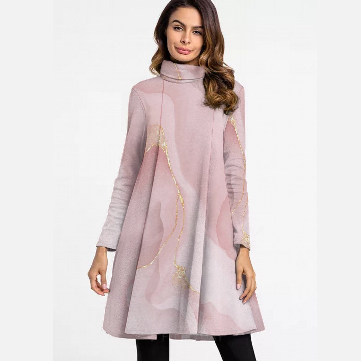 All-Over Print Women's High Neck Dress With Long Sleeve