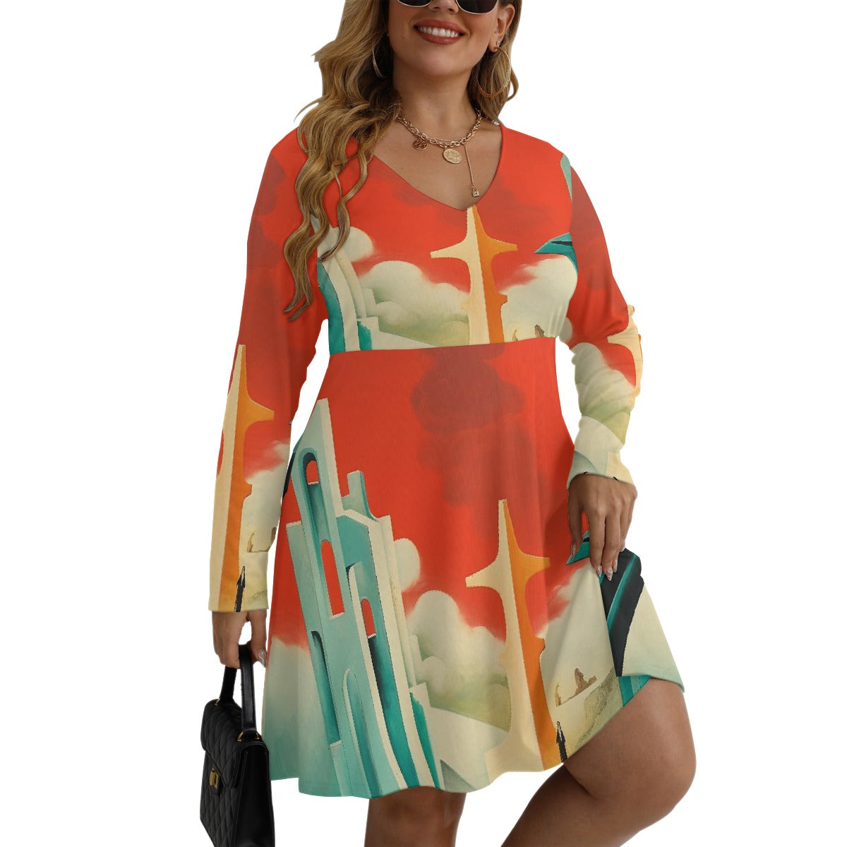 All-Over Print Women's V-neck Long Sleeve Dress(Plus Size)