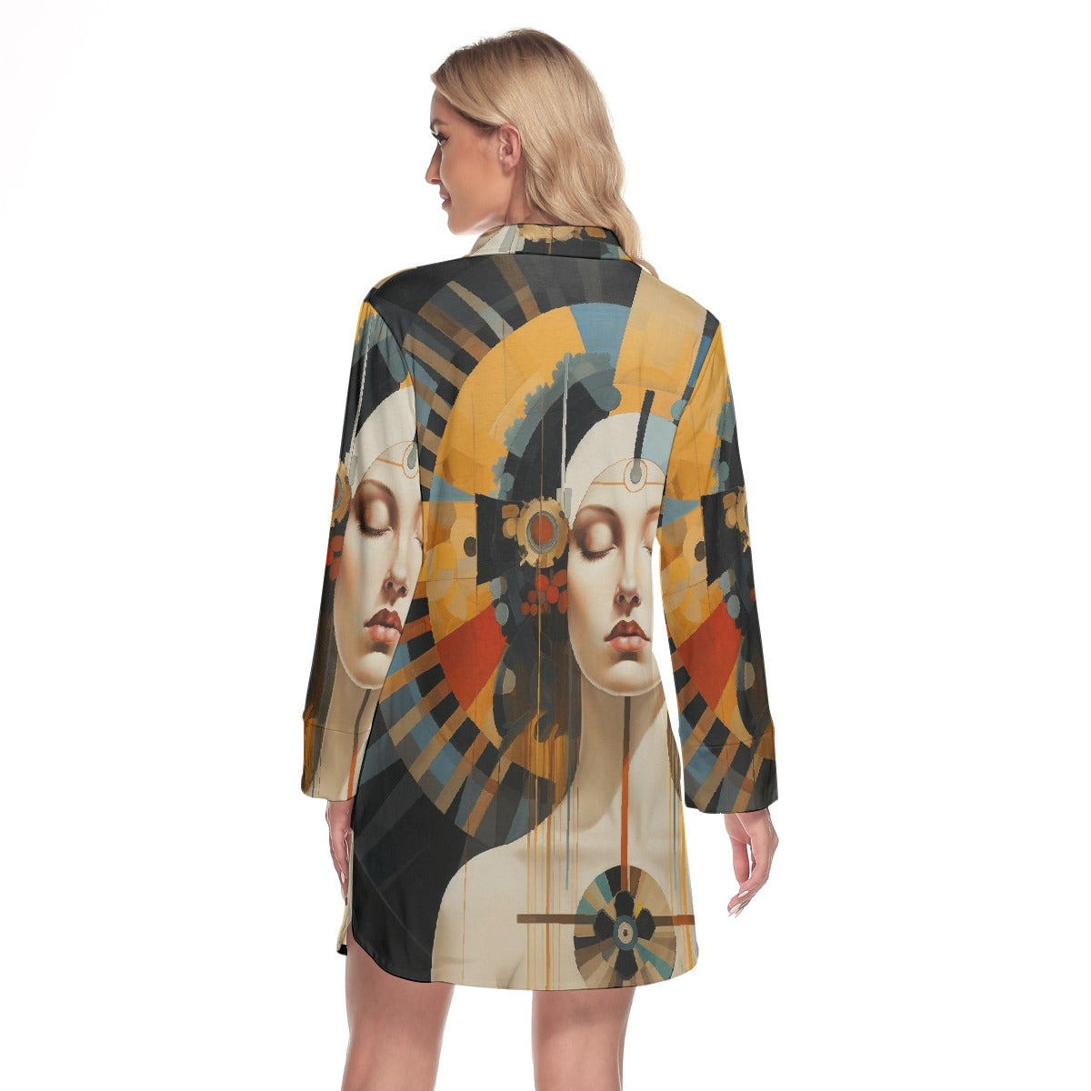 All-Over Print Women's Lapel Shirt Dress With Long Sleeve