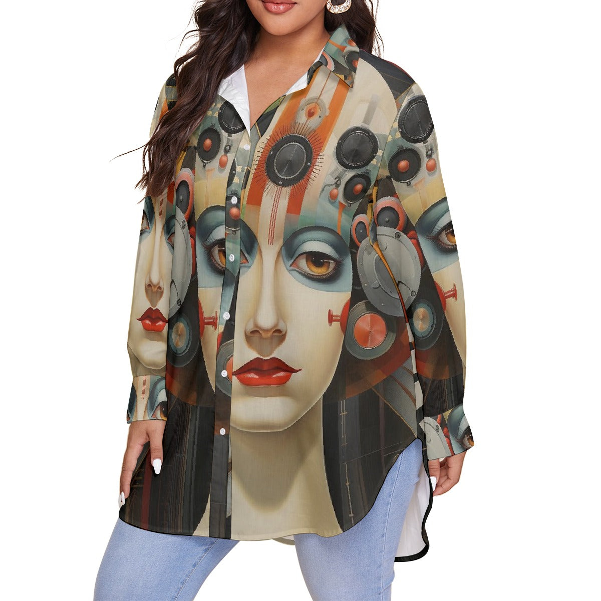 All-Over Print Women's Shirt With Long Sleeve(Plus Size)