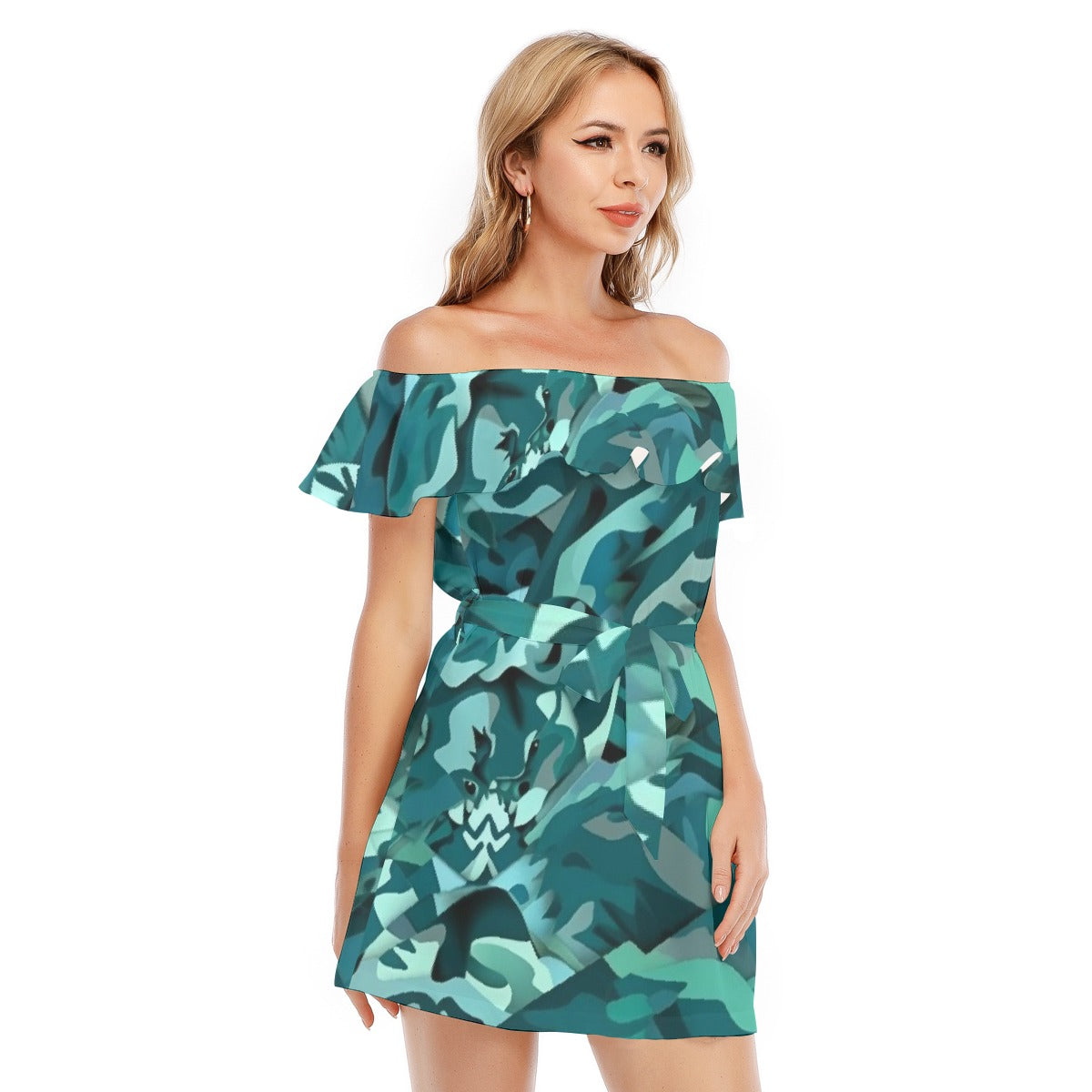 All-Over Print Women's Off-shoulder Dress With Ruffle