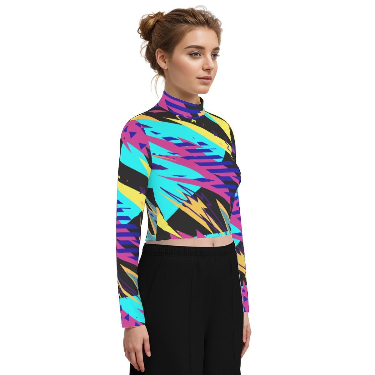 Eco-Friendly All-Over Print Women's Turtleneck T-shirt With Long Sleeve