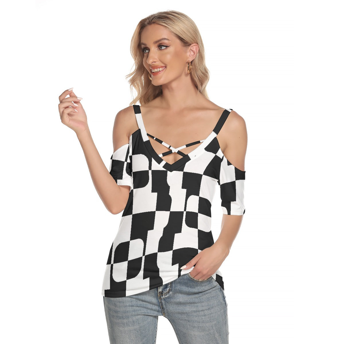 All-Over Print Women's Cold Shoulder T-shirt With Criss Cross Strips