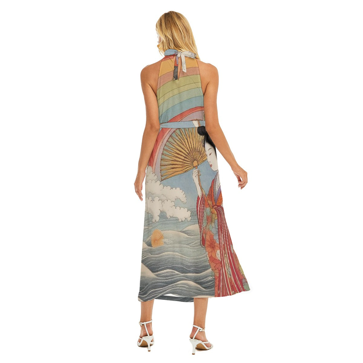 All-Over Print Women's Wrap Hem Belted Halter Dress