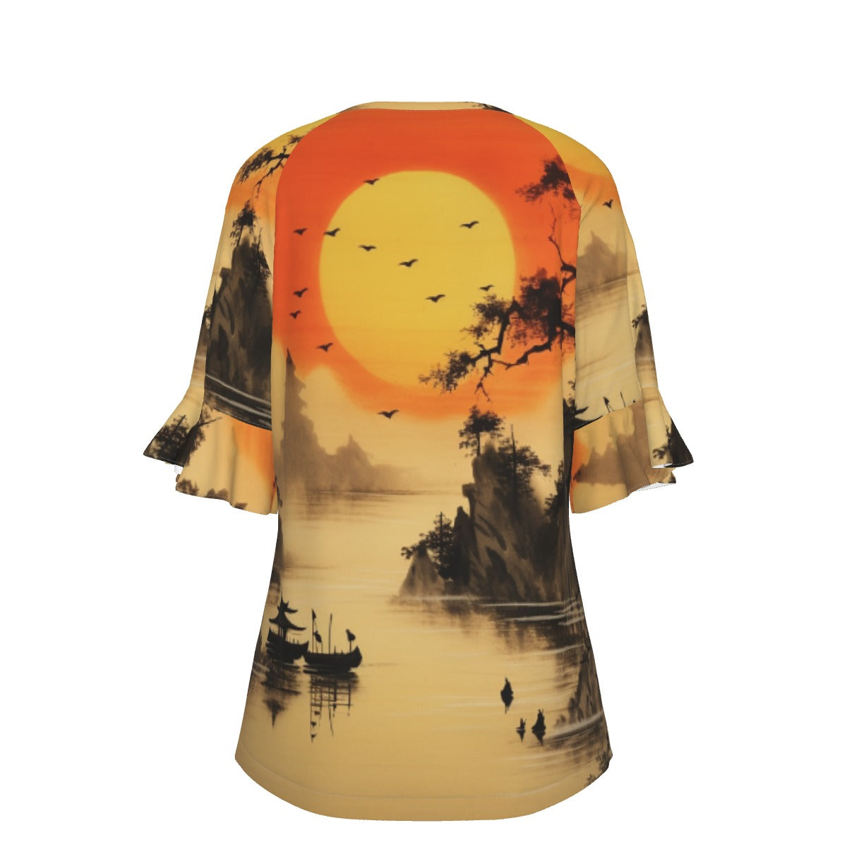 All-Over Print V-neck Women's T-shirt With Bell Sleeve