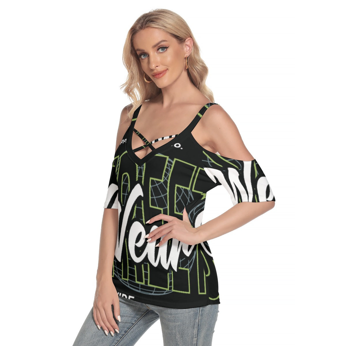 All-Over Print Women's Cold Shoulder T-shirt With Criss Cross Strips