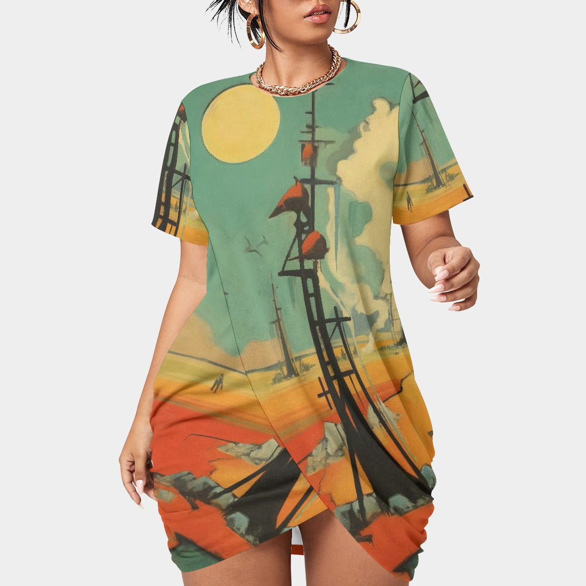 All-Over Print Women’s Stacked Hem Dress With Short Sleeve（Plus Size）