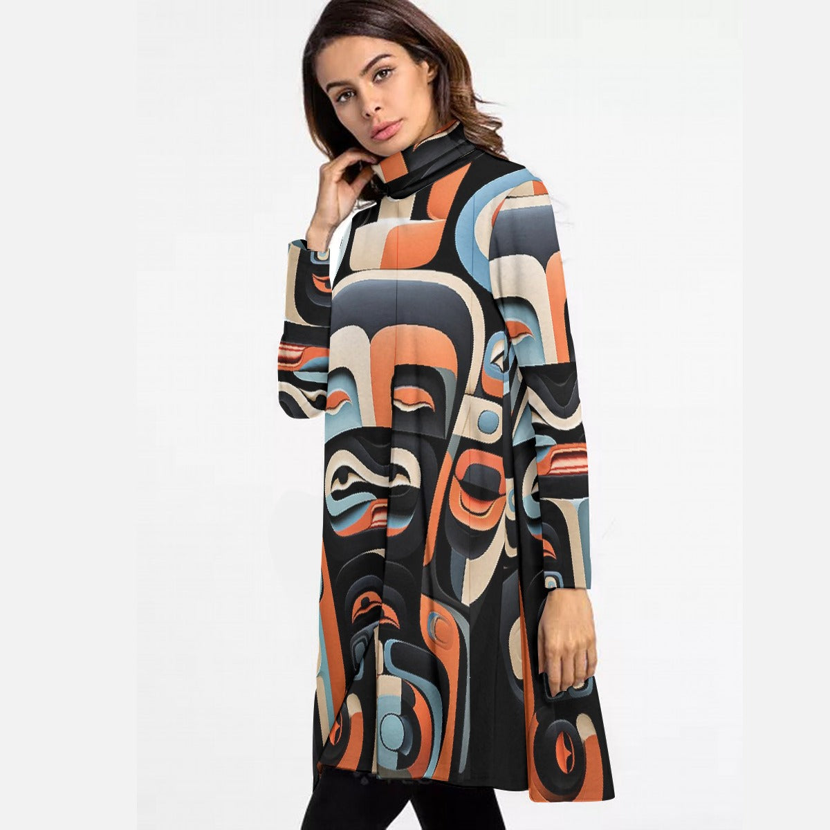 All-Over Print Women's High Neck Dress With Long Sleeve