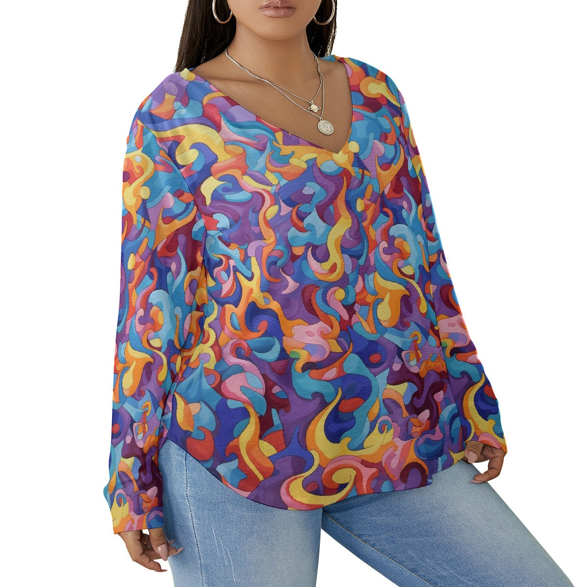 All-Over Print Women's V-neck T-shirt With Curved Hem(Plus Size)