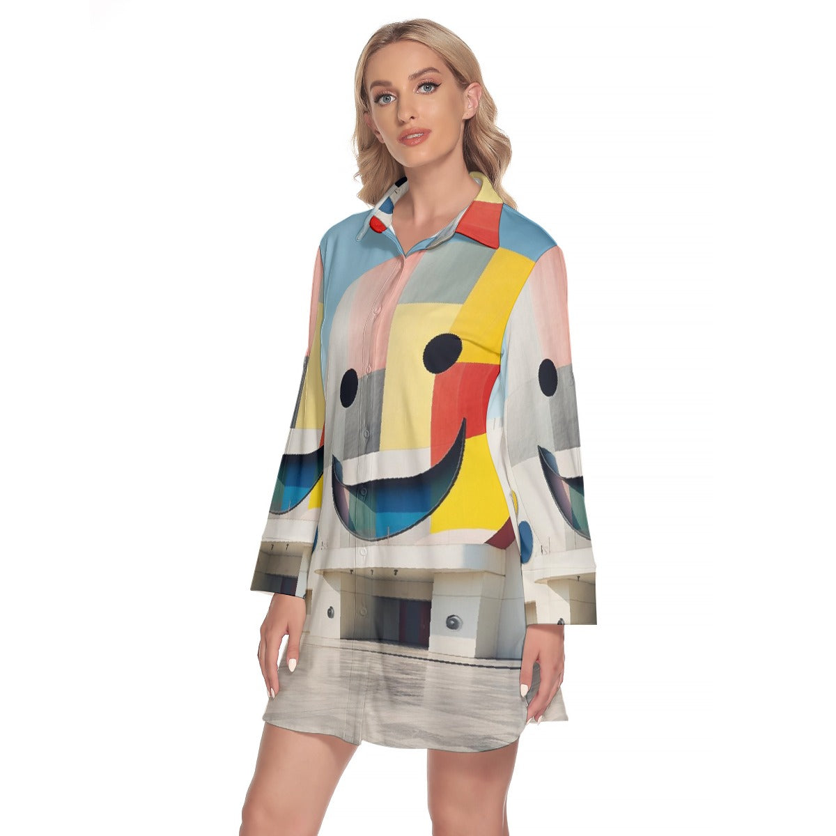 All-Over Print Women's Lapel Shirt Dress With Long Sleeve