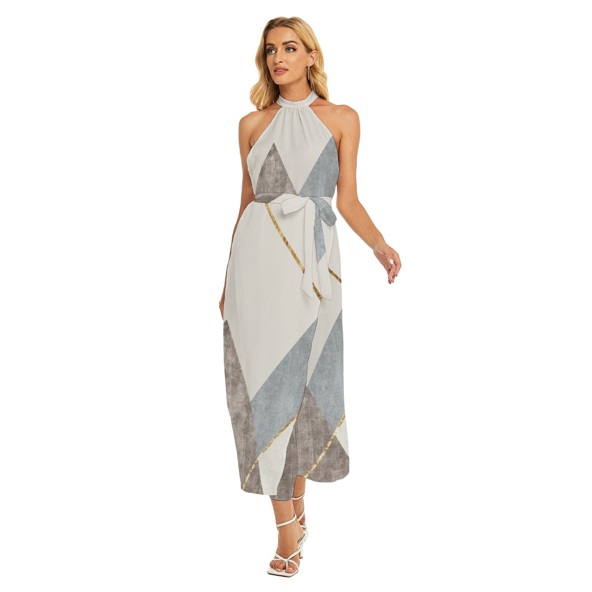 All-Over Print Women's Wrap Hem Belted Halter Dress