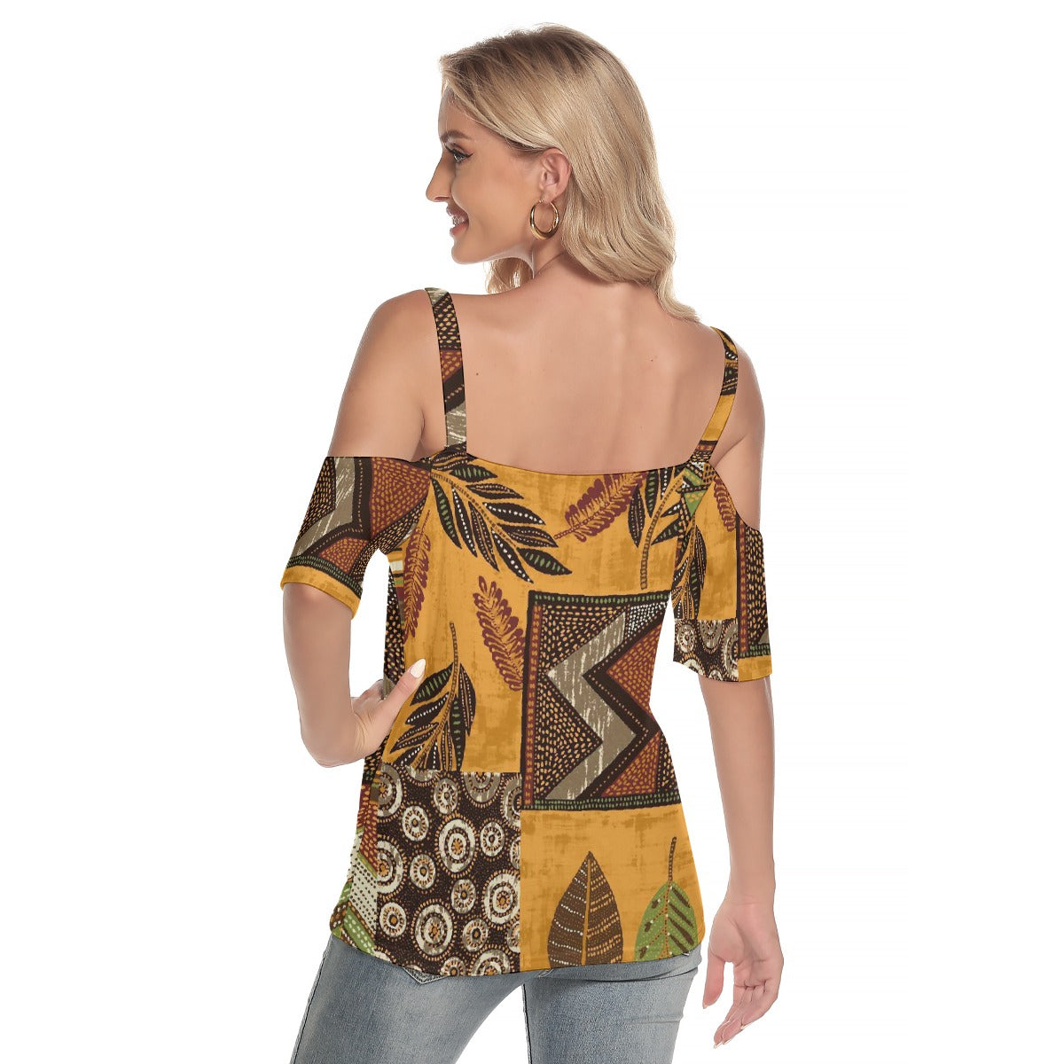 All-Over Print Women's Cold Shoulder T-shirt With Criss Cross Strips