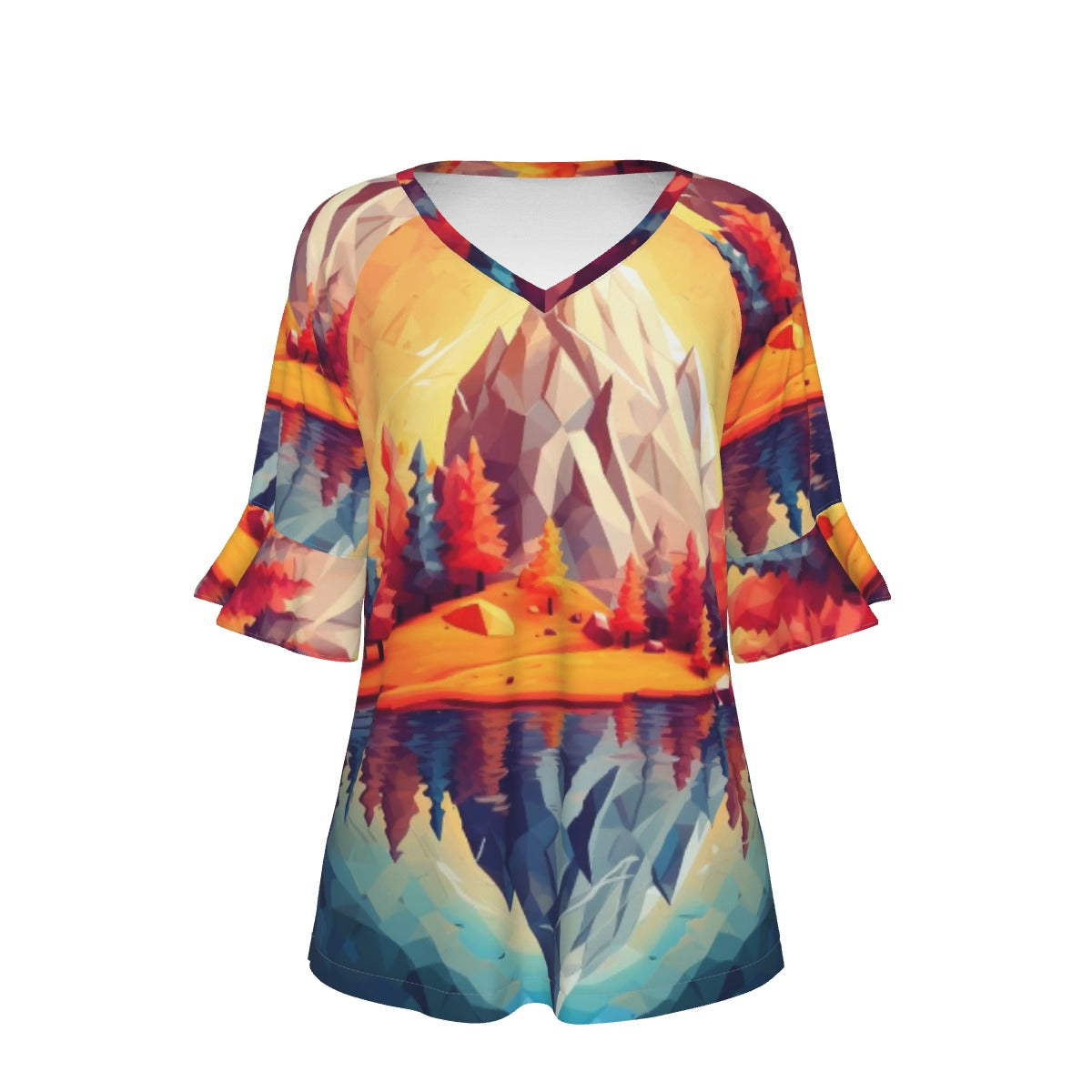 All-Over Print V-neck Women's T-shirt With Bell Sleeve