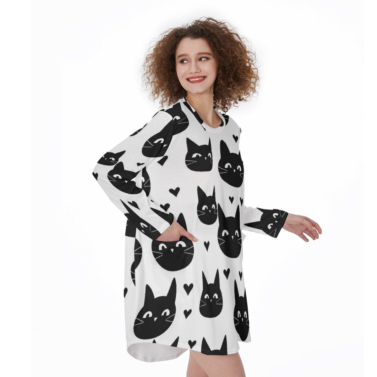 All-Over Print Women's Casual Loose Long Sleeve Dress With Pocket