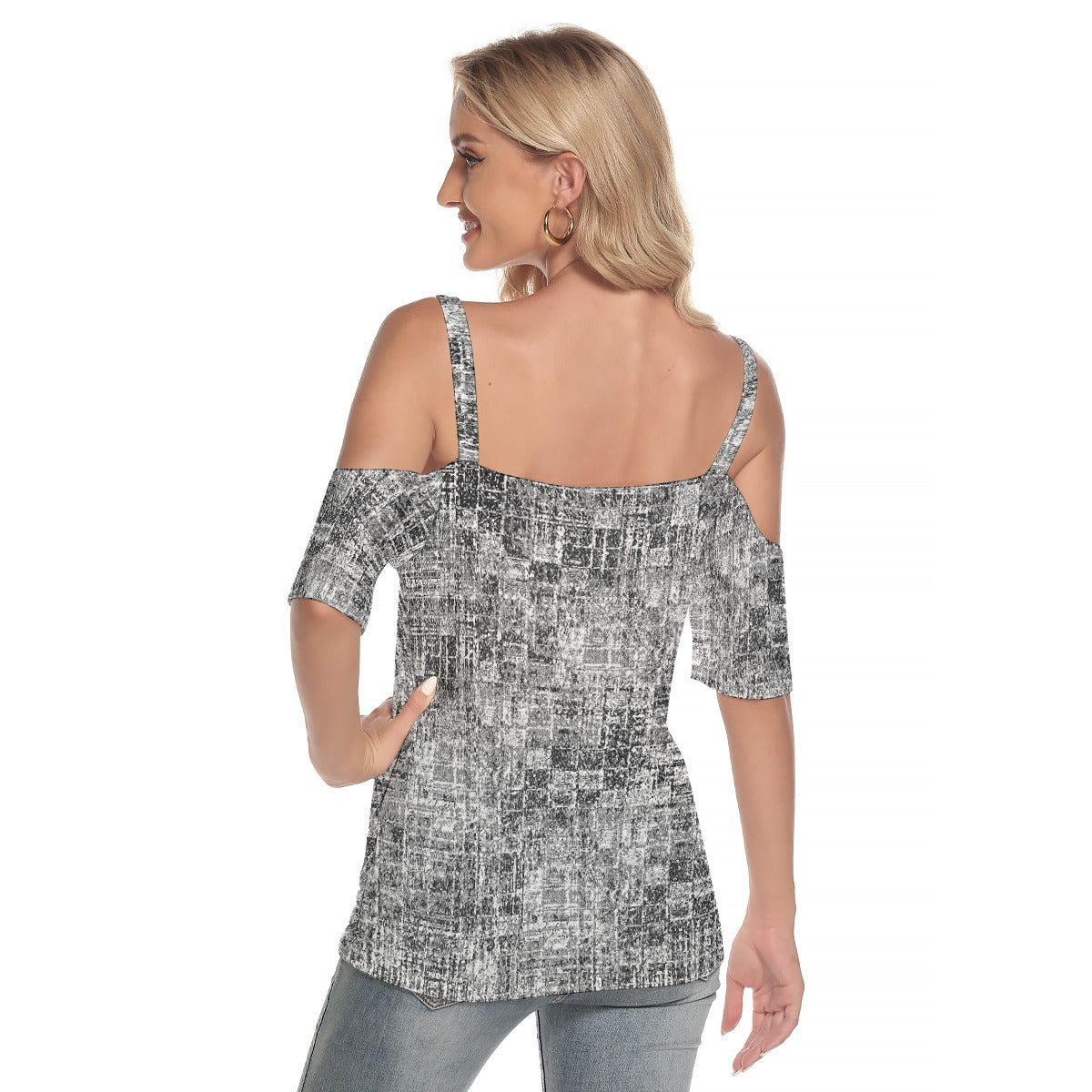 All-Over Print Women's Cold Shoulder T-shirt With Criss Cross Strips