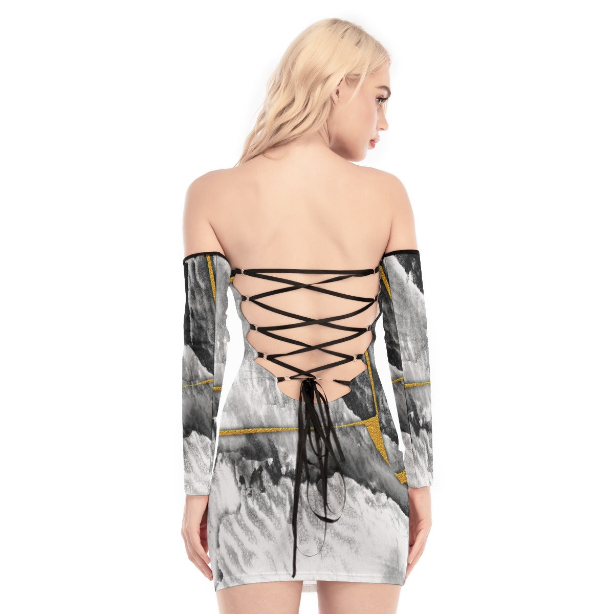 All-Over Print Women's Off-shoulder Back Lace-up Dress