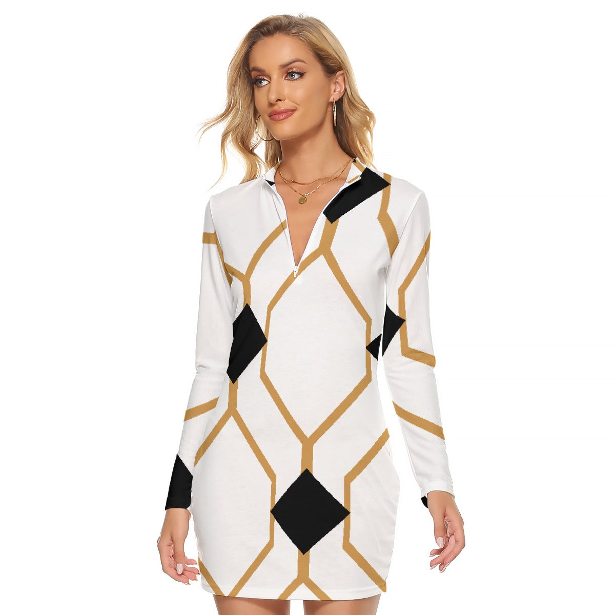 All-Over Print Women's Zip Front Tight Dress