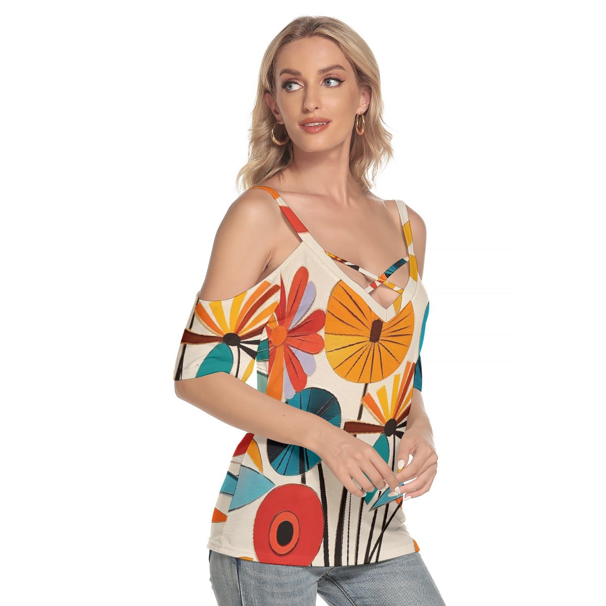 All-Over Print Women's Cold Shoulder T-shirt With Criss Cross Strips