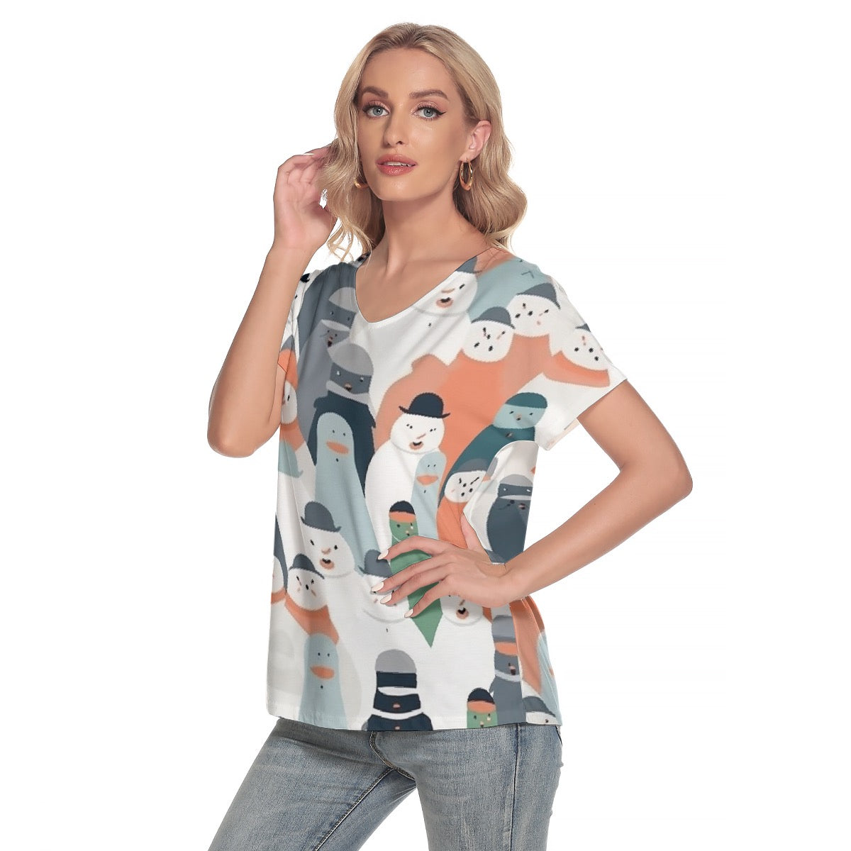 All-Over Print Women's Loose V-neck Short Sleeve T-shirt